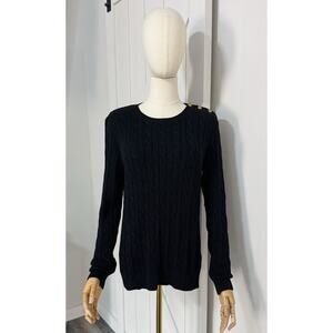 Lauren Ralph Lauren Women Size L Black Button Trim Cable Knit Sweater Cotton